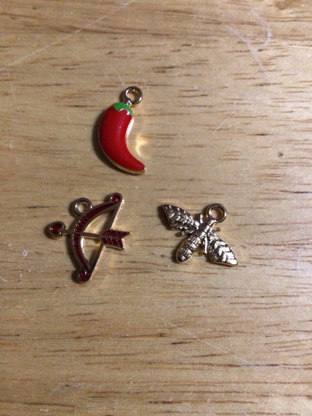 Gold Tone Red Chili Pepper, Bow & Bee Charm Trio Bracelet Charms